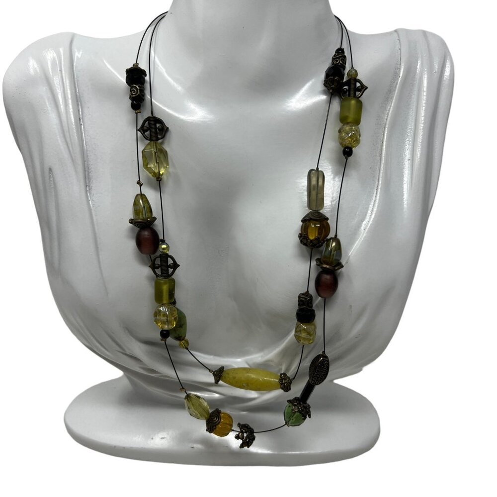 Chicos‎ Necklace Boho Green and Brown Beads Gold Tone Accents